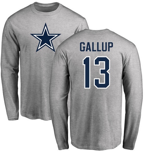 Men Dallas Cowboys Ash Michael Gallup Name and Number Logo #13 Long Sleeve Nike NFL T Shirt->nfl t-shirts->Sports Accessory